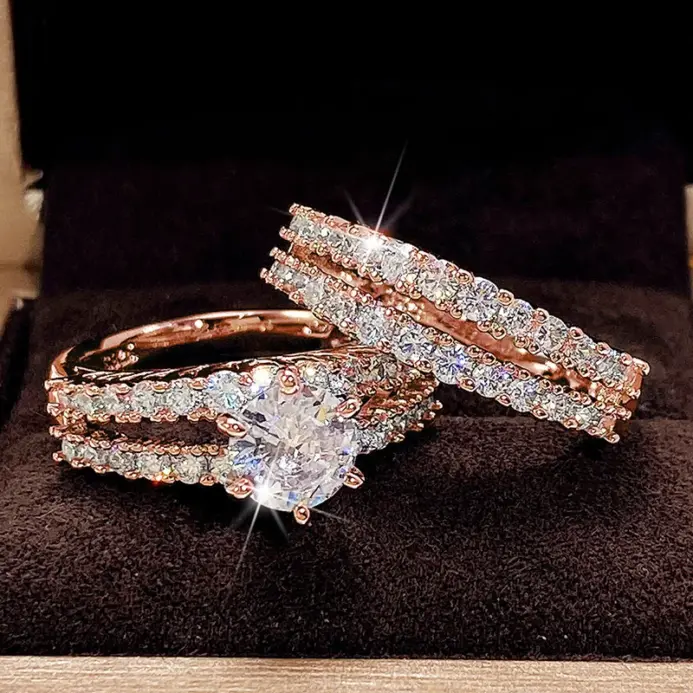 conjunto de anillos huecos a la moda, repleto de joyas, piedra CZ helada, anillos de compromiso de boda de lujo para mujer, conjunto de 2 uds de joyería, envío directo 2