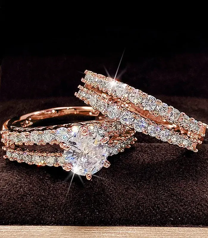 conjunto de anillos huecos a la moda, repleto de joyas, piedra CZ helada, anillos de compromiso de boda de lujo para mujer, conjunto de 2 uds de joyería, envío directo 2