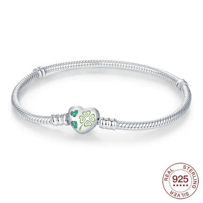 Pulsera de plata de ley 925 con trébol de cuatro hojas, pulsera con hebilla en forma de corazón para mujer, cuentas originales, joyería, regalos de amor 1
