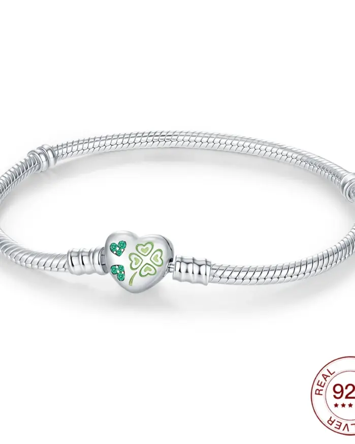 Pulsera de plata de ley 925 con trébol de cuatro hojas, pulsera con hebilla en forma de corazón para mujer, cuentas originales, joyería, regalos de amor 1