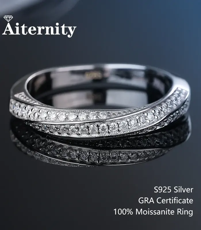 100% pluma probadora de diamantes, anillo de moissanita a juego, banda de diamantes de boda para mujer, anillo de cola única de Plata de Ley 925 1