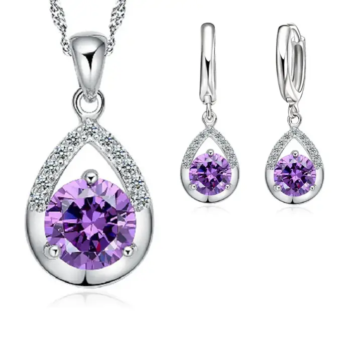 Gran oferta de conjuntos de joyería nupcial, collares de gota de agua de cristal de Color Plata de Ley 925, pendientes de aro para mujer, fiesta de compromiso 2