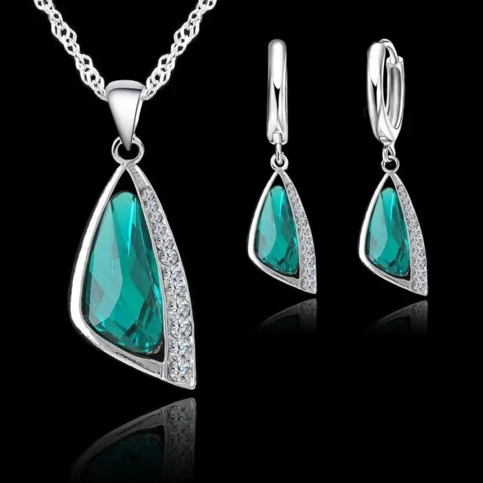 Promoción, conjunto de joyería de Color plata esterlina 925, cristal austriaco geométrico, collar con diamantes de imitación, pendiente, compromiso de boda para mujer 1