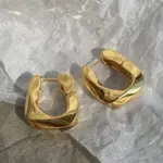 Pendientes de aro de acero inoxidable dorados y gruesos de lujo, Clips de orejas redondas brillantes cúbicos, joyería de moda para fiesta de boda 6