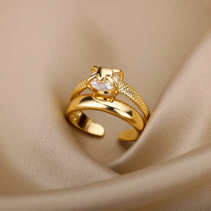 Anillos de Corazón para Mujer, Chapados en Oro, Ajustables, de Acero Inoxidable, Tendencia 2026, Joyería de Lujo para Parejas de Boda, Anillos para Mujer 1