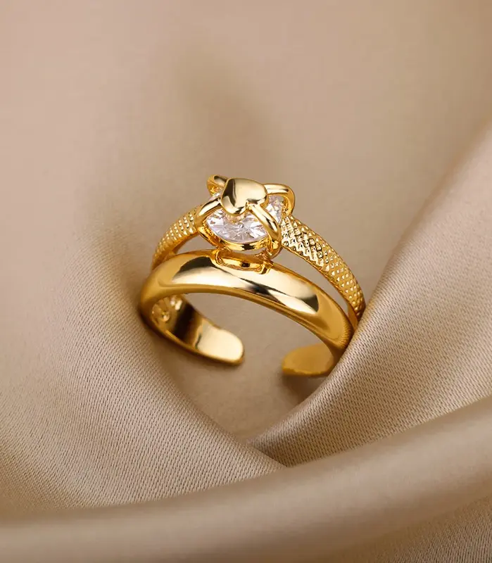 Anillos de Corazón para Mujer, Chapados en Oro, Ajustables, de Acero Inoxidable, Tendencia 2026, Joyería de Lujo para Parejas de Boda, Anillos para Mujer 1