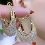 Pendientes de aro con diseño de malla brillante exagerada, joyería de hierro con incrustaciones de diamantes de imitación, estilo informal elegante para mujer, pendientes de fiesta 4