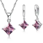 Conjunto de joyería de plata de ley 925 para mujer, pendientes cuadrados geométricos simples, collar con colgantes, cristal, Color plateado, para boda, nueva moda 1
