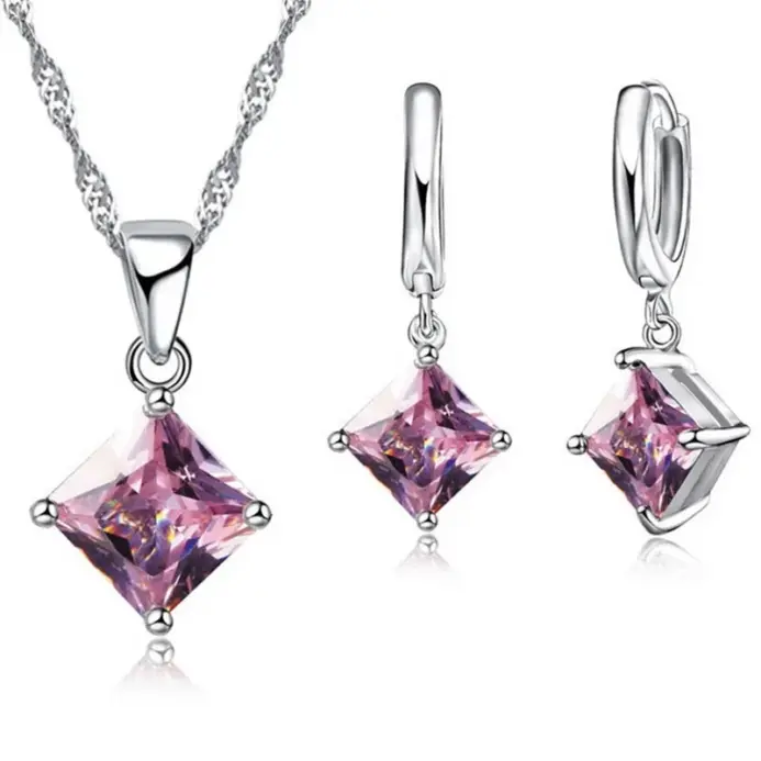 Conjunto de joyería de plata de ley 925 para mujer, pendientes cuadrados geométricos simples, collar con colgantes, cristal, Color plateado, para boda, nueva moda 1