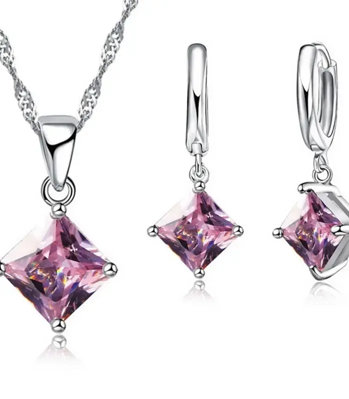 Conjunto de joyería de plata de ley 925 para mujer, pendientes cuadrados geométricos simples, collar con colgantes, cristal, Color plateado, para boda, nueva moda 1