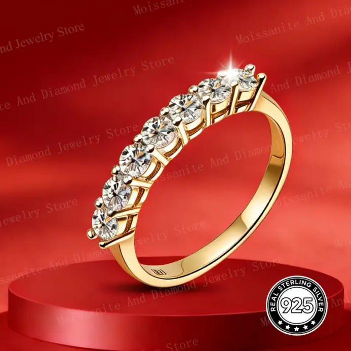 Anillos de boda de moissanita de 5 piedras, banda de media eternidad de corte brillante redondo, anillo de boda de diamante de laboratorio de plata 925 de 3mm para mujeres y hombres 1