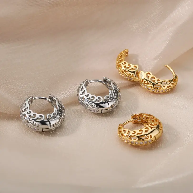 Pendientes de aro de flor hueca de circón para mujer y niña, tejido de acero inoxidable, exquisito pendiente redondo, regalo de joyería de boda 5
