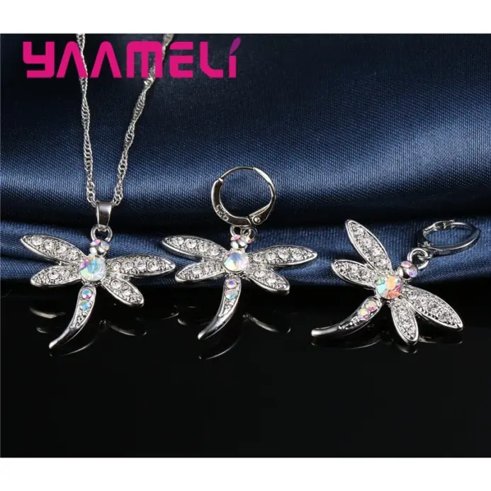 Conjunto de collar y pendientes de circonia cúbica de colores brillantes para mujer, joyería de Color Plata de Ley 925 con diseño de libélula para niñas 2