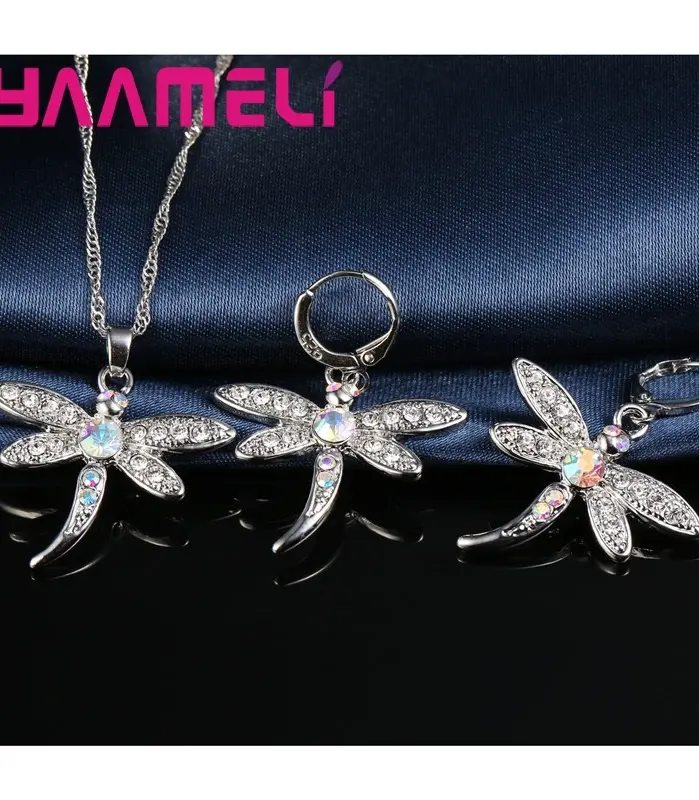 Conjunto de collar y pendientes de circonia cúbica de colores brillantes para mujer, joyería de Color Plata de Ley 925 con diseño de libélula para niñas 2