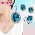 Auténtica Plata de Ley 925 chapada en plata para mujer, conjuntos de joyería de compromiso de boda, collar de cristal de circón ovalado de princesa, anillo y pendientes 12