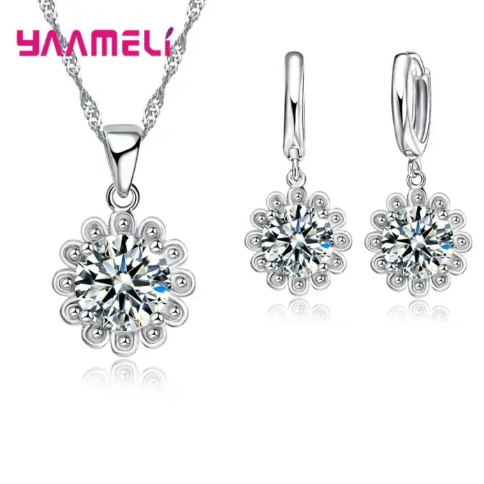 Conjunto de joyería de plata de ley 925 para mujer y niña, collar con colgante cuadrado de flor, pendientes, boda, compromiso, Venta barata 1