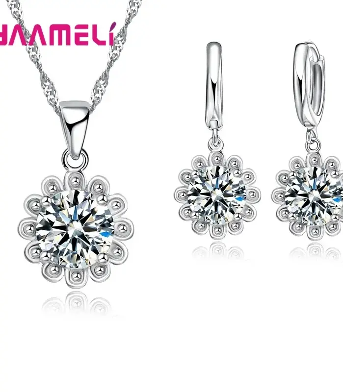 Conjunto de joyería de plata de ley 925 para mujer y niña, collar con colgante cuadrado de flor, pendientes, boda, compromiso, Venta barata 1