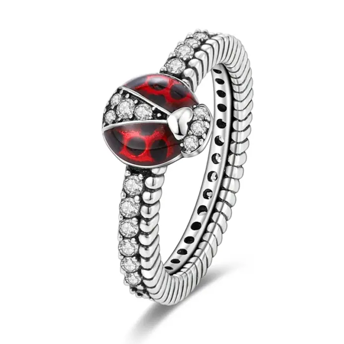 Conjunto de anillos originales de Plata de Ley 925 con orbita de mariquita para mujeres y niñas, joyería, regalos de aniversario de cumpleaños 1