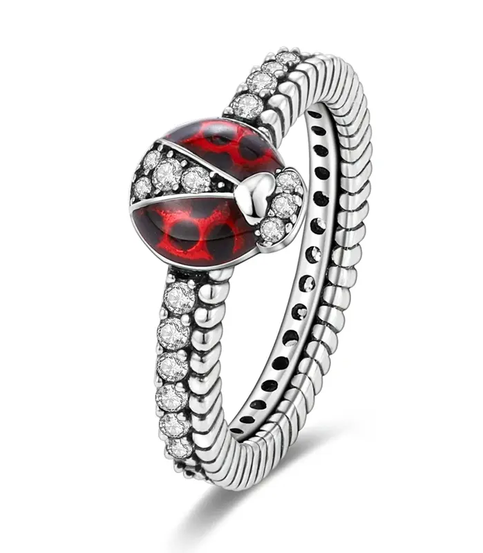 Conjunto de anillos originales de Plata de Ley 925 con orbita de mariquita para mujeres y niñas, joyería, regalos de aniversario de cumpleaños 1