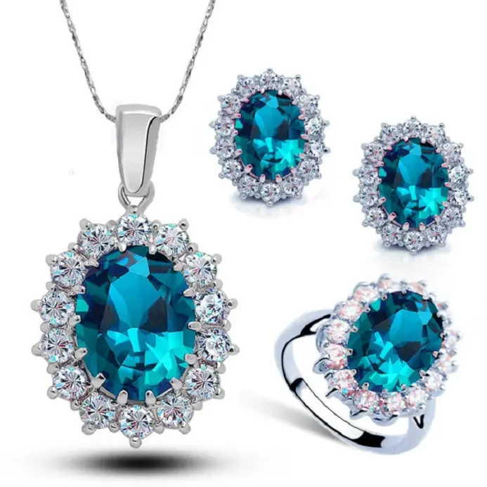 Auténtica Plata de Ley 925 chapada en plata para mujer, conjuntos de joyería de compromiso de boda, collar de cristal de circón ovalado de princesa, anillo y pendientes 1