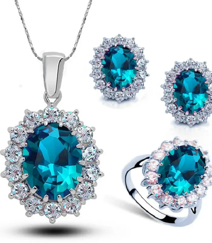 Auténtica Plata de Ley 925 chapada en plata para mujer, conjuntos de joyería de compromiso de boda, collar de cristal de circón ovalado de princesa, anillo y pendientes 1