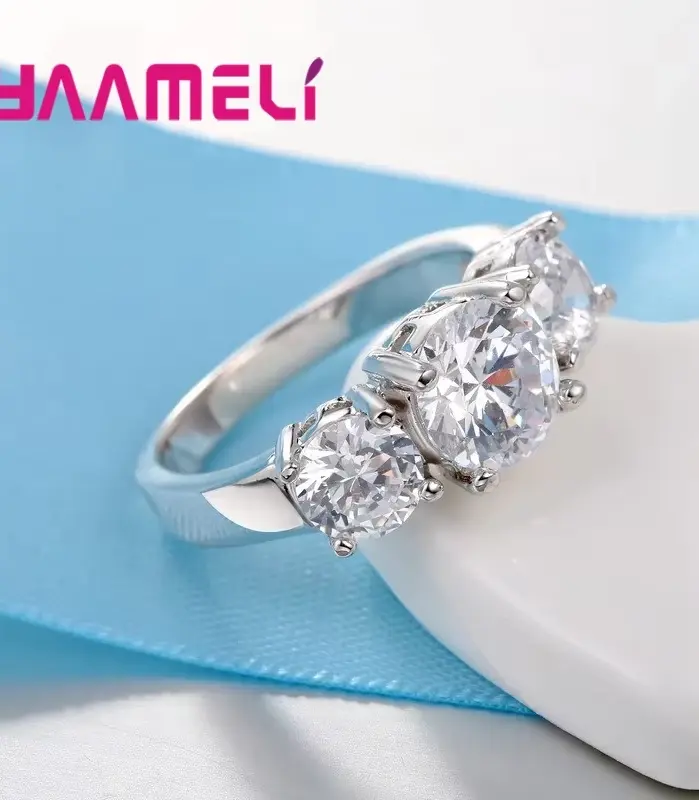 Gran oferta de anillos de plata de ley 925 con 3 circonitas de piedra CZ para hombres y mujeres, joyería de compromiso de boda 2
