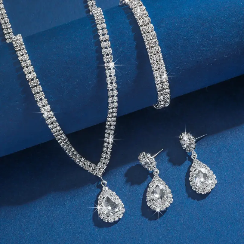 Cadena de garra de cobre para mujer, collar de gota de agua, pendientes, pulsera, conjunto de joyas, regalo de Festival de banquete de boda, moda de temporada de boda 11