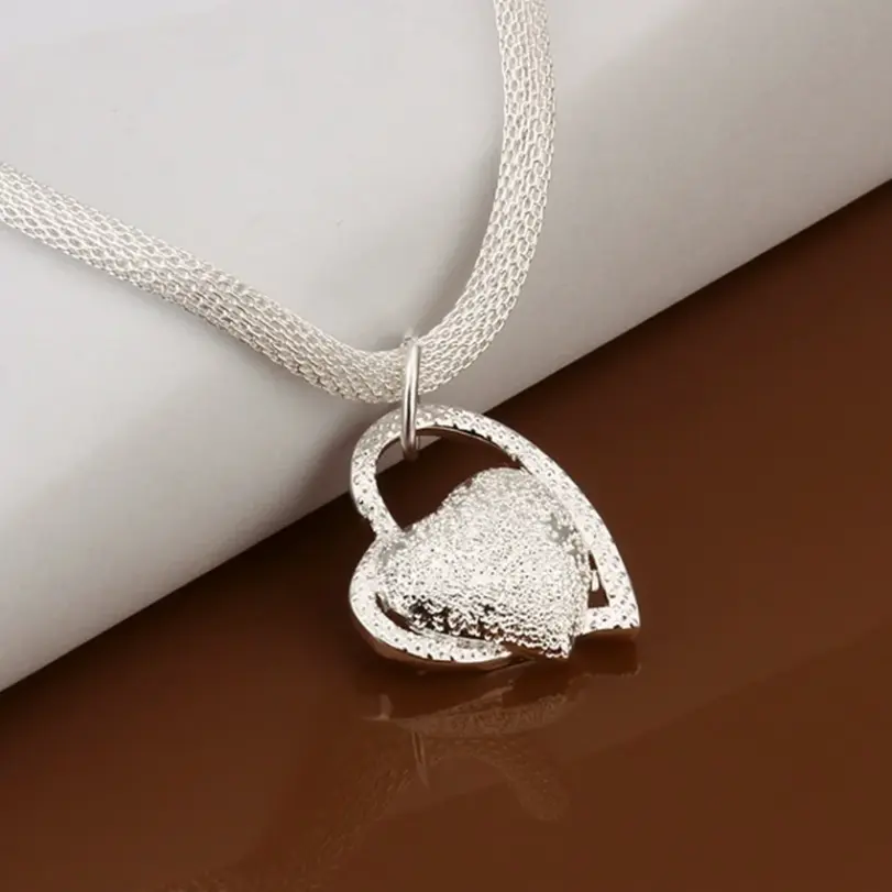collar de plata de ley 925 con dije de corazón para boda, collar de amor para mujer, joyería de plata de 18 pulgadas de lujo Noble 3