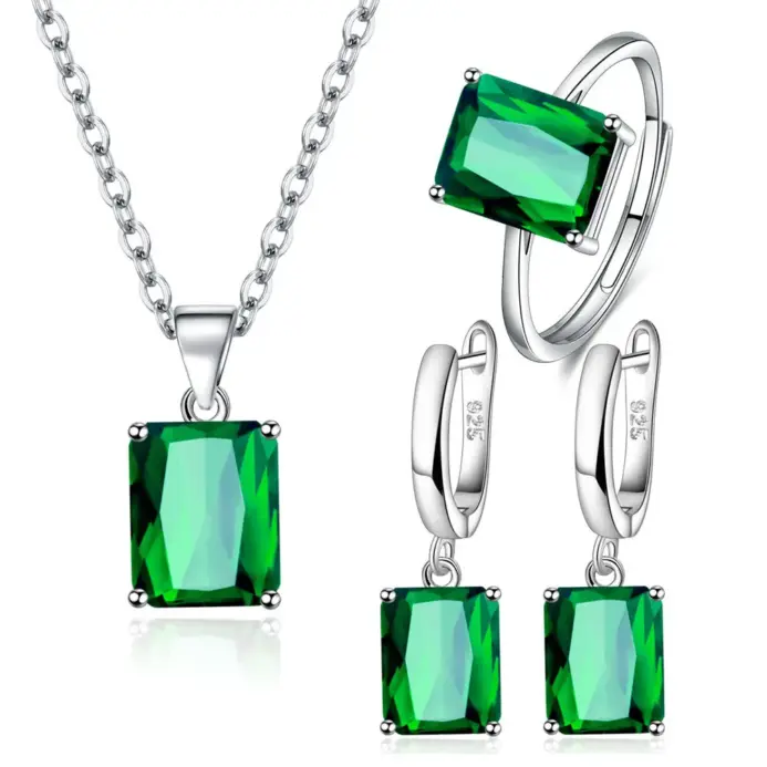 Anillo de Plata de Ley 925, pendientes, collar para mujer, geometría rectangular, circón, boda, conjuntos de joyería elegantes, artículos 1