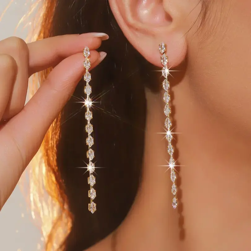 FYUAN-pendientes de cristal de circón geométricos simples para mujer, aretes largos con borlas, Color dorado y plateado, joyería para fiestas y bodas 3