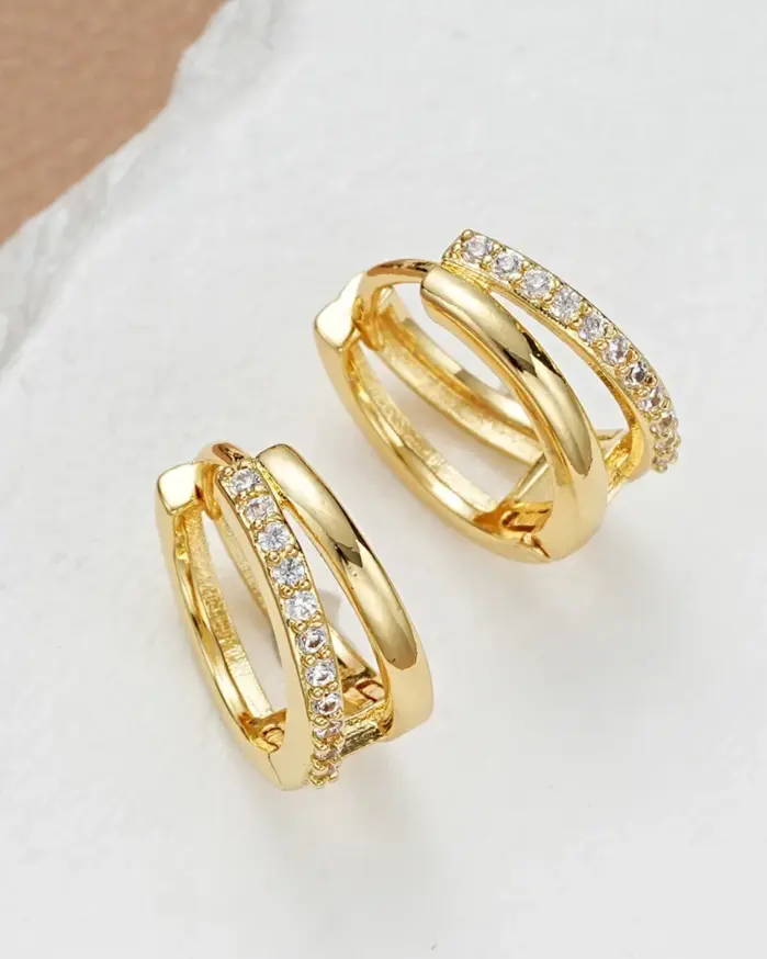 Pendientes de Aro Circulares de Acero Inoxidable Color Dorado para Mujer, Pendientes Simples de Doble Aro con Circonita Cúbica, Joyería para Perforación de Cartílago 1
