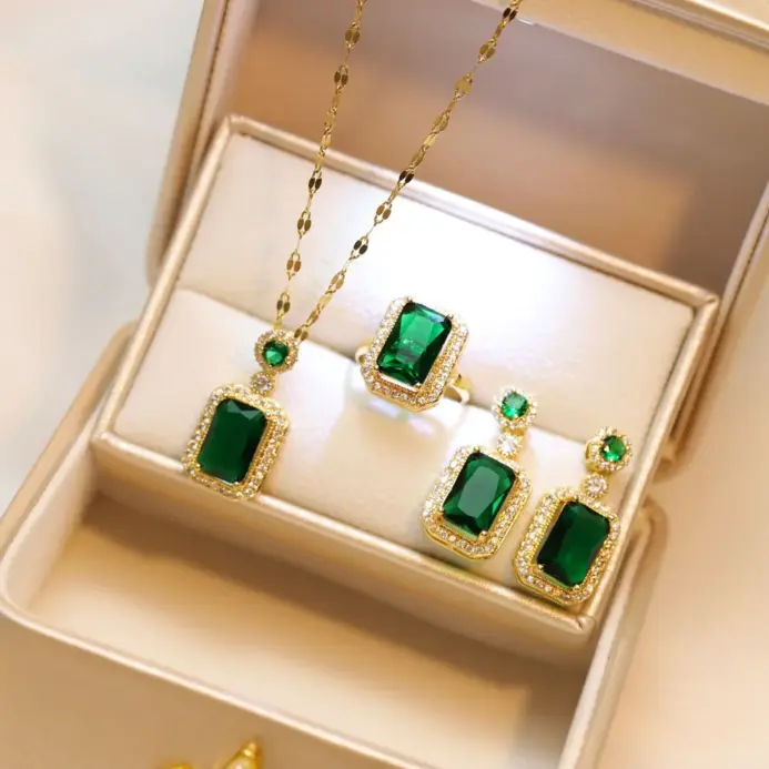 Conjuntos de 4 Uds. De collar con diamantes de imitación cuadrados exquisitos, pendientes, anillo, conjunto de joyería, joyería para mujer, regalos nupciales de moda 1
