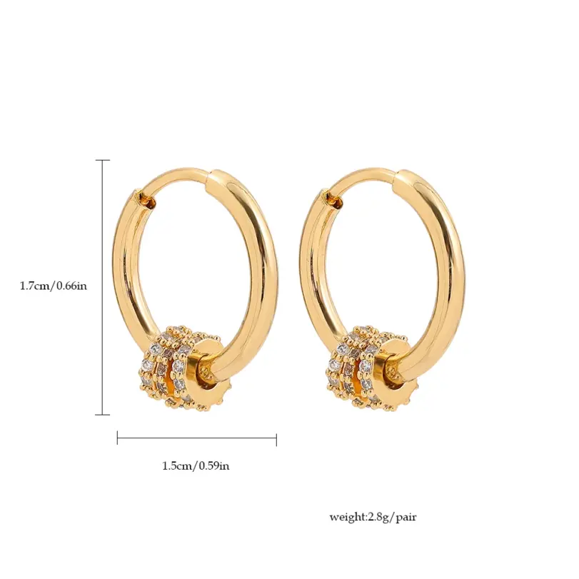 Pendientes de aro Huggies de acero inoxidable de Color dorado redondo pequeño a la moda para mujer, pendientes con dije de Triple engranaje de circonia CZ, hebilla para oreja 6