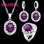 Conjunto elegante de Plata de Ley 925 con colgantes de cristal púrpura, collares, pendientes y anillos para regalo de joyería de compromiso de boda 1