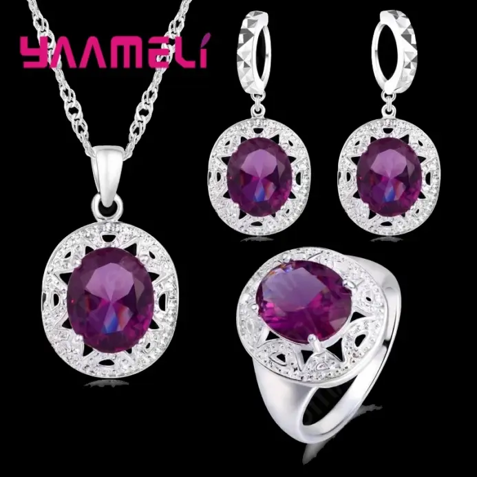 Conjunto elegante de Plata de Ley 925 con colgantes de cristal púrpura, collares, pendientes y anillos para regalo de joyería de compromiso de boda 1