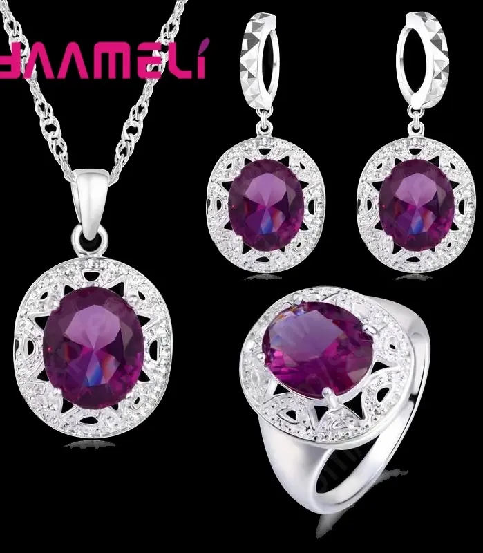Conjunto elegante de Plata de Ley 925 con colgantes de cristal púrpura, collares, pendientes y anillos para regalo de joyería de compromiso de boda 1