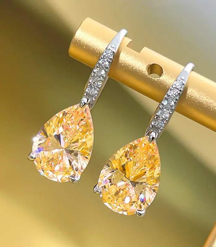 Huitan-pendientes colgantes de circonia cúbica para mujer, color rosa pera/amarillo, Color plateado, compromiso de boda de lujo, joyería 2