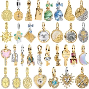 Oferta Especial: Abalorios y Colgantes Originales de Plata de Ley 925 con Diseños de Llave Dorada, Corazón y Círculo, Compatibles con Pulseras y Collares, para Joyería DIY y Regalo 1