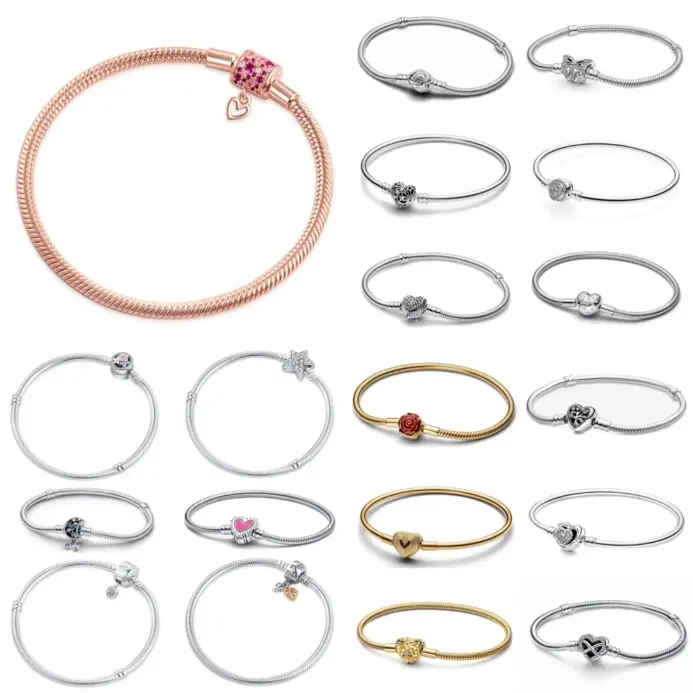 Pulseras de plata de ley 925 con forma de corazón, flor roja, Clip de estrella, pulsera de cadena de serpiente, brazaletes de amor, joyería fina DIY 1