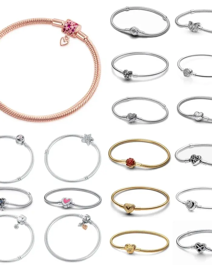 Pulseras de plata de ley 925 con forma de corazón, flor roja, Clip de estrella, pulsera de cadena de serpiente, brazaletes de amor, joyería fina DIY 1
