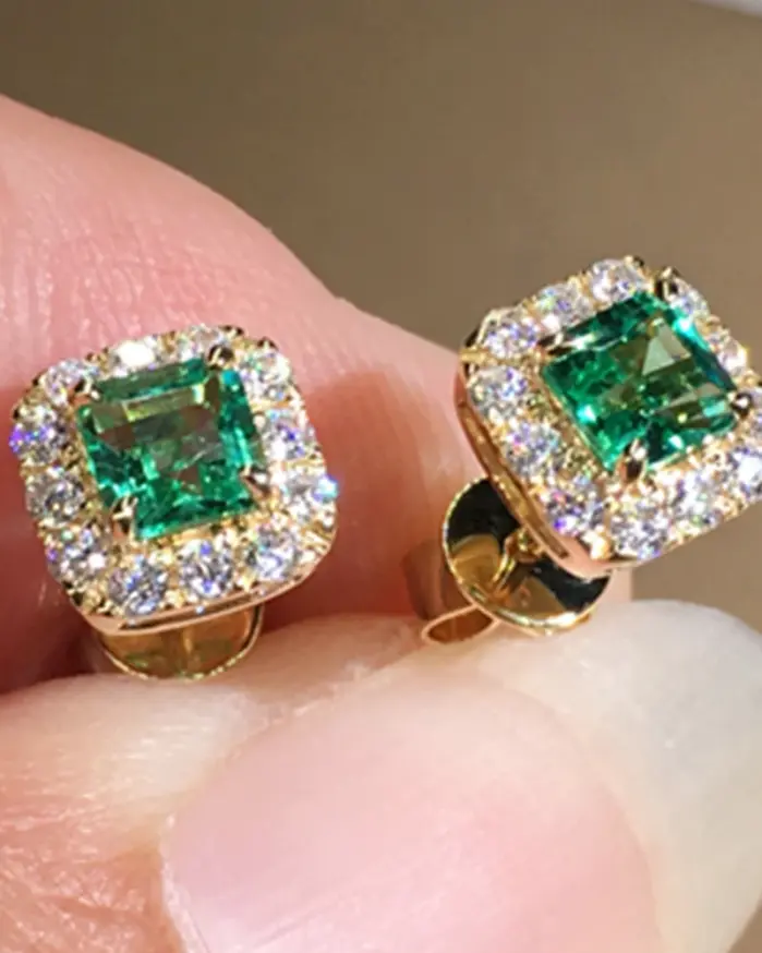 Pendientes Eternity Green CZ para mujer, Color dorado, pendientes de boda de lujo para novia, accesorios elegantes para las orejas, joyería de fiesta 2