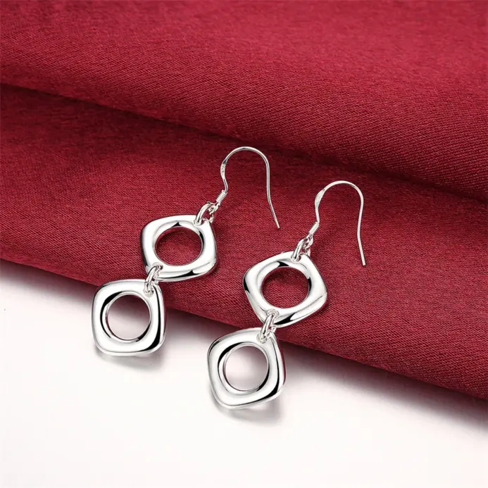 Conjunto de pendientes y collar cuadrado redondo de Plata de Ley 925 para mujer, joyería con dijes de moda para fiesta de compromiso y boda 2