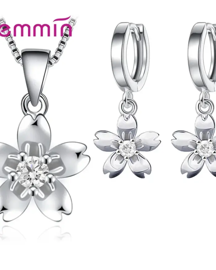 Conjuntos de Plata de Ley 925 elegantes coreanos para mujer, collares de flores, pendientes colgantes con Piercing para boda, amantes de la joyería de fiesta 2