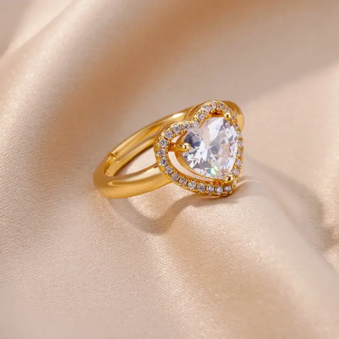 Anillos de corazón de acero inoxidable para mujer, anillo ajustable de corazón chapado en oro con circonita, accesorios para fiesta de boda, regalo de joyería 2023 2