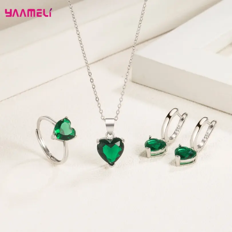 Conjuntos de regalo de joyería fina de Plata de Ley 925 para mujer, pendientes Huggie de circón con corazón romántico, colgante, collar, anillo 5