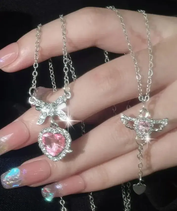 Conjunto de collares con colgante de corazón y alas de Ángel de cristal para mujer y niña, collar elegante de amor de circón blanco y rosa Y2K, conjunto de joyería para mujer 1