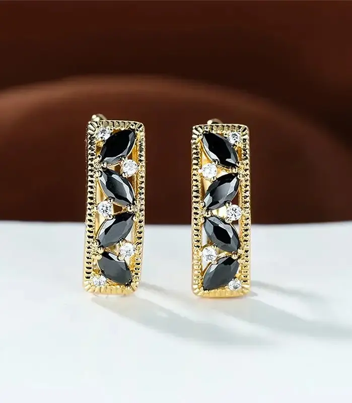 Huitan, nuevos pendientes de aro para mujer con circonita cúbica negra marquesa, pendientes de lujo de Color dorado, joyería para mujer con temperamento de boda 2