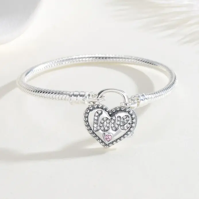 Nueva pulsera Original de Plata de Ley 925 con candado de diamantes rosas, pulsera de amor de 17-20CM para mujer, regalos de joyería DIY 2