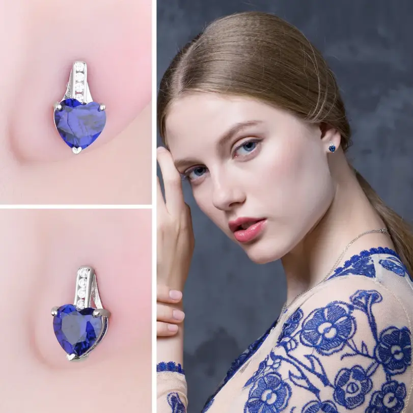 JewelryPalace-pendientes de plata de primera ley y zafiro azul para mujer, aretes pequeños, plata esterlina 925, corazón de amor, 2,1 quilates, regalo de aniversario 3