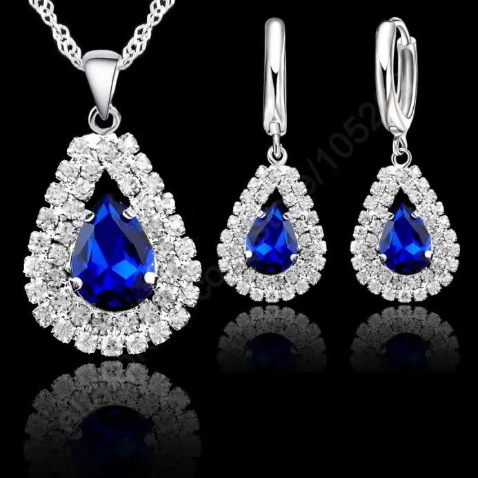 Gran oferta, conjunto de joyería nupcial, Plata de Ley 925, Color cristal austriaco, collares de gota de agua, pendientes de aro, fiesta de compromiso para mujer 1